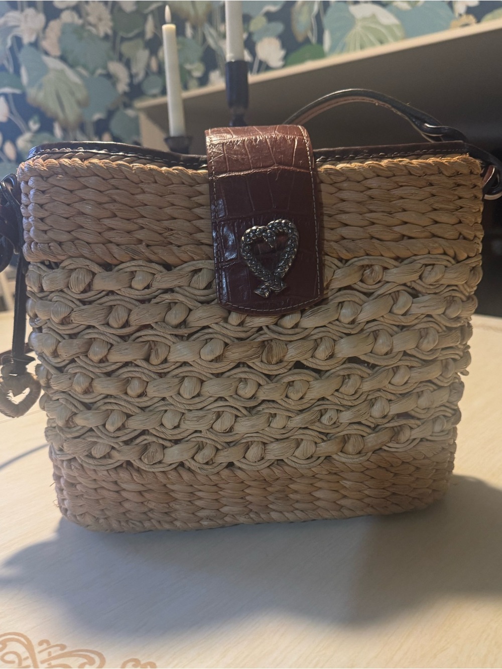 Brighton Woven Straw Crossbody with Brown Leather Heart Accent